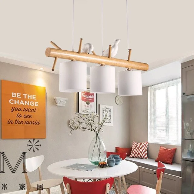 Solid Wood Chandelier Birds Simple Modern Restaurant Glass Lampshades Dining Room Bedroom Hanging Lighting