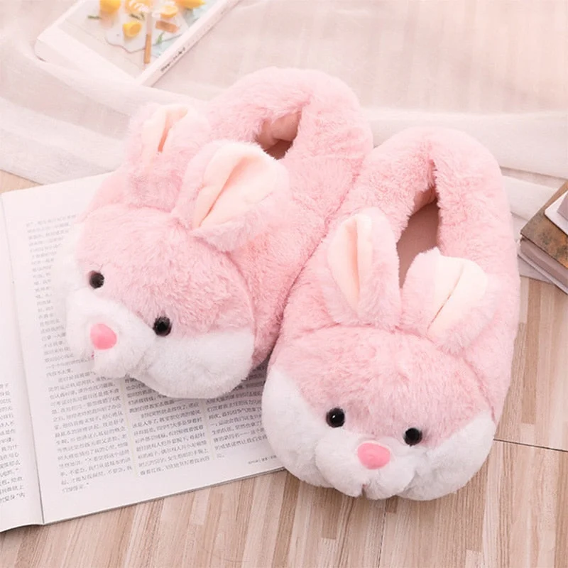 Female House Slippers Women Winter Animals Fluffy Shoes Kids Living Room Warm Slippers Soft Indoor Rabbit Girls Ladies Flat Shoe