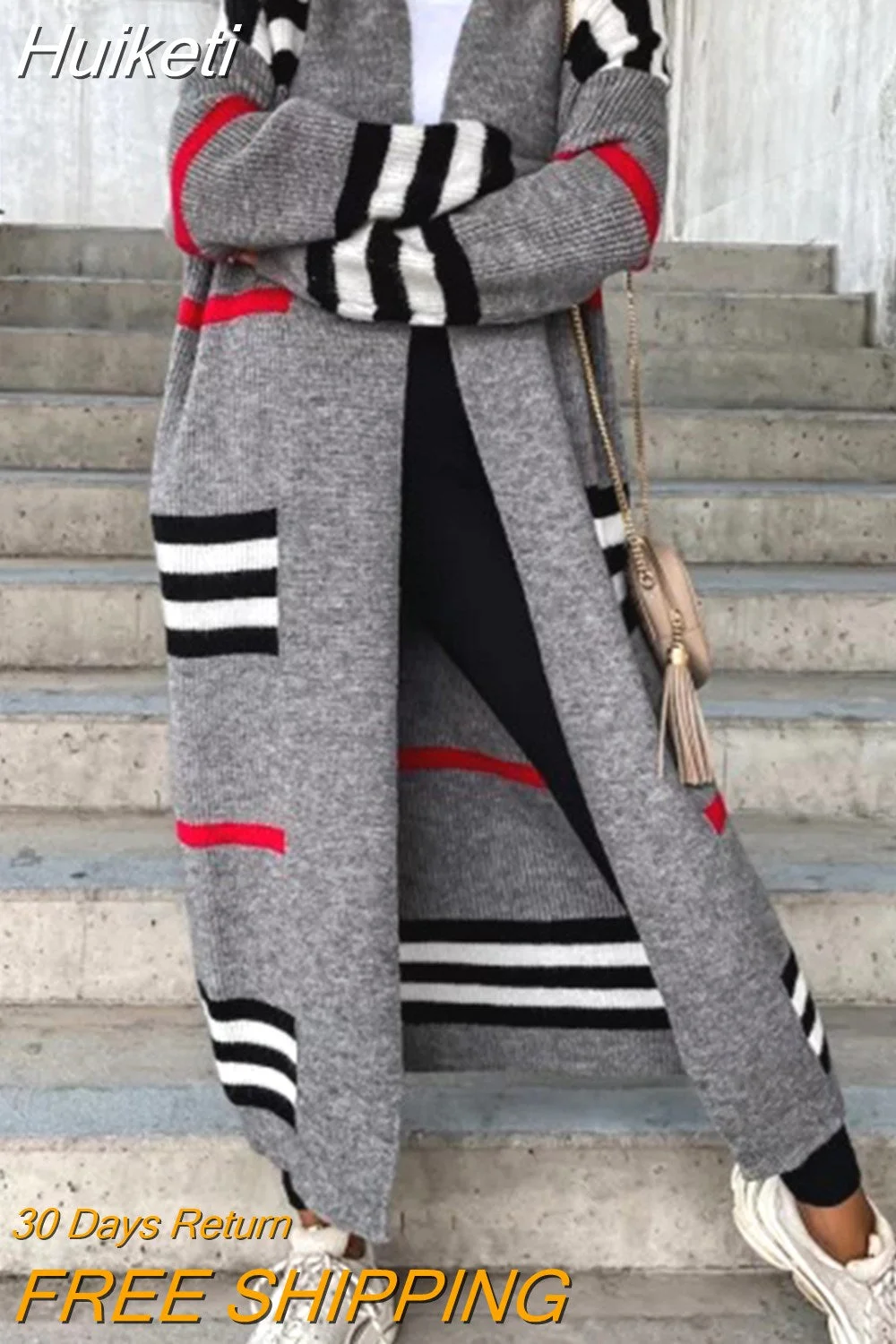 Huiketi Winter Knitted Cardigan Women Striped Patchwork 2023 Elegant Loose Long Outerwear Maxi Y2k Sweater Coat Soft Jacket