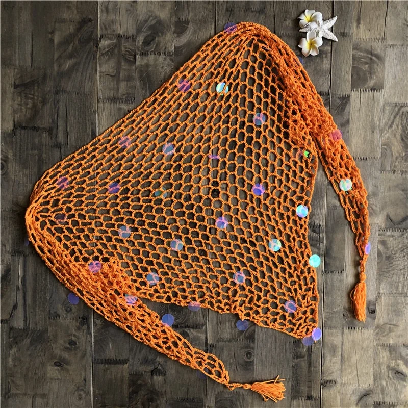Fitshinling Sequined handmade crochet mesh beach cover up cape swimwear lace sexy hot fringe outerwear bohemian strappy cover-up