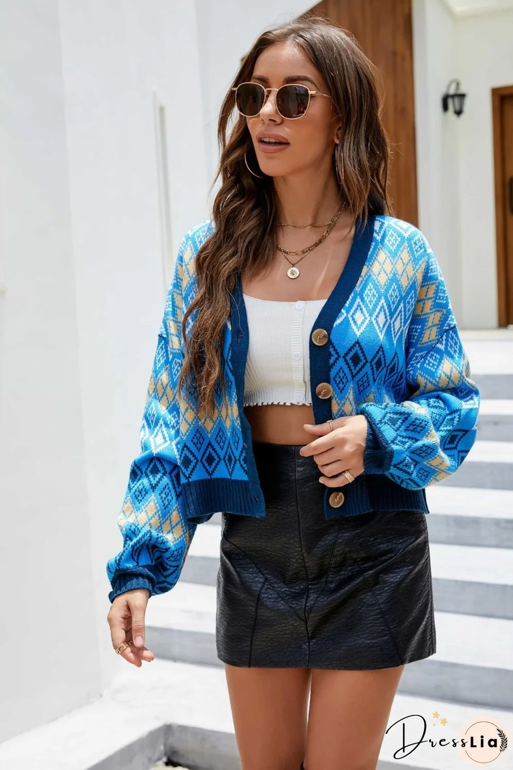 Argyle Button-Up Drop Shoulder Cardigan