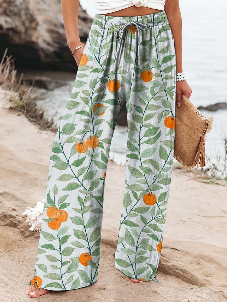 Women's Lovely Floral Art Printed Cotton And Linen Casual Pants