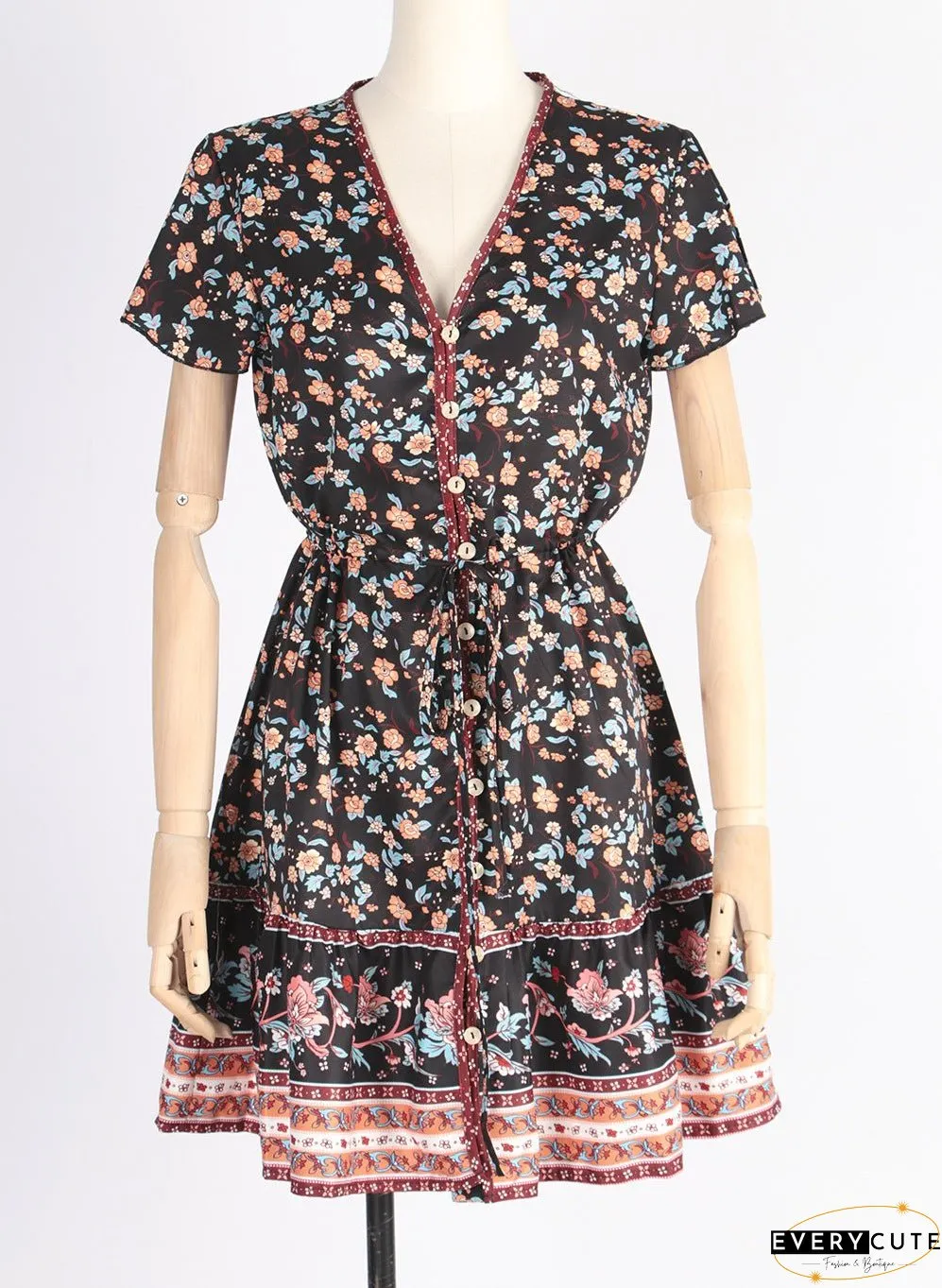 Spring and Summer New Beach Skirt V-Neck Short Sleeve Bohemian Dress