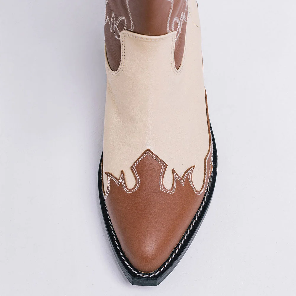 Brown & Ivory Chunky Heel Patchwork Cowgirl Boots with Embroidery