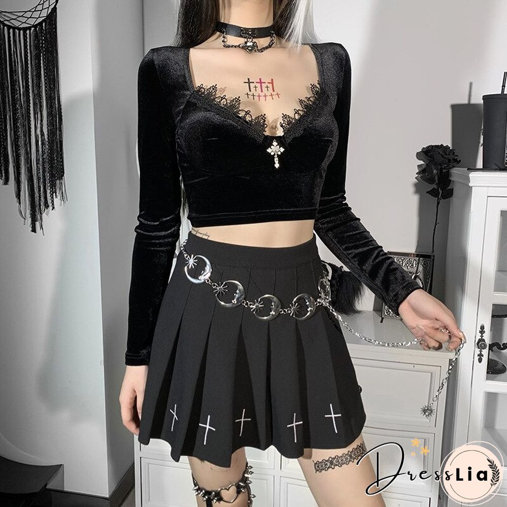 Sexy V Neck Velvet T Shirts Women Lace Patchwork Long Sleeve Black Top Female Dark Goth Short Slim Fit Tee Tops Mujer Harajuku