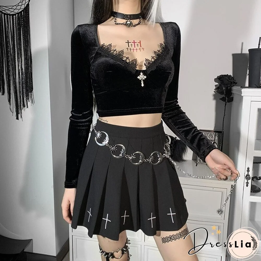 Sexy V Neck Velvet T Shirts Women Lace Patchwork Long Sleeve Black Top Female Dark Goth Short Slim Fit Tee Tops Mujer Harajuku