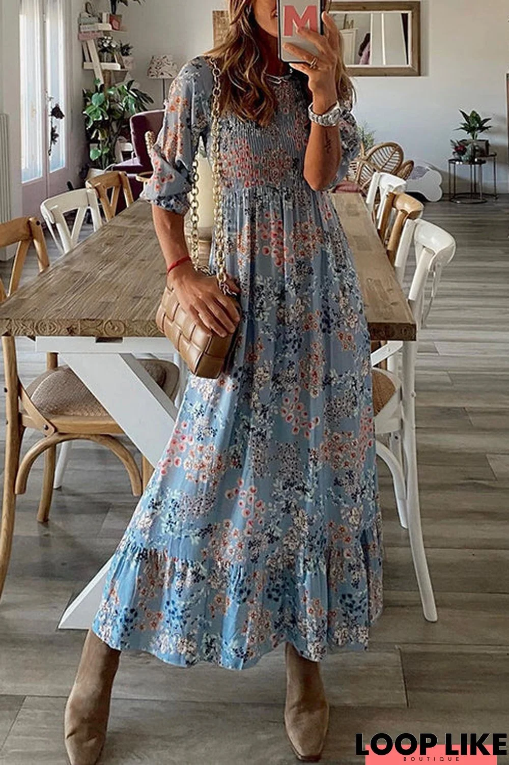 Floral Print O Neck Maxi Dress