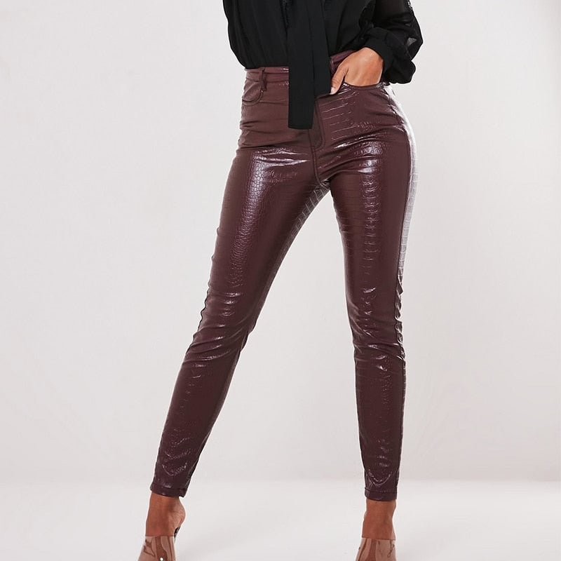 InstaHot Black Pencil Faux Leather Pants Women Casual Elegant Carving Print Ladies Capris Ankle Length Pants Streetwear Trousers