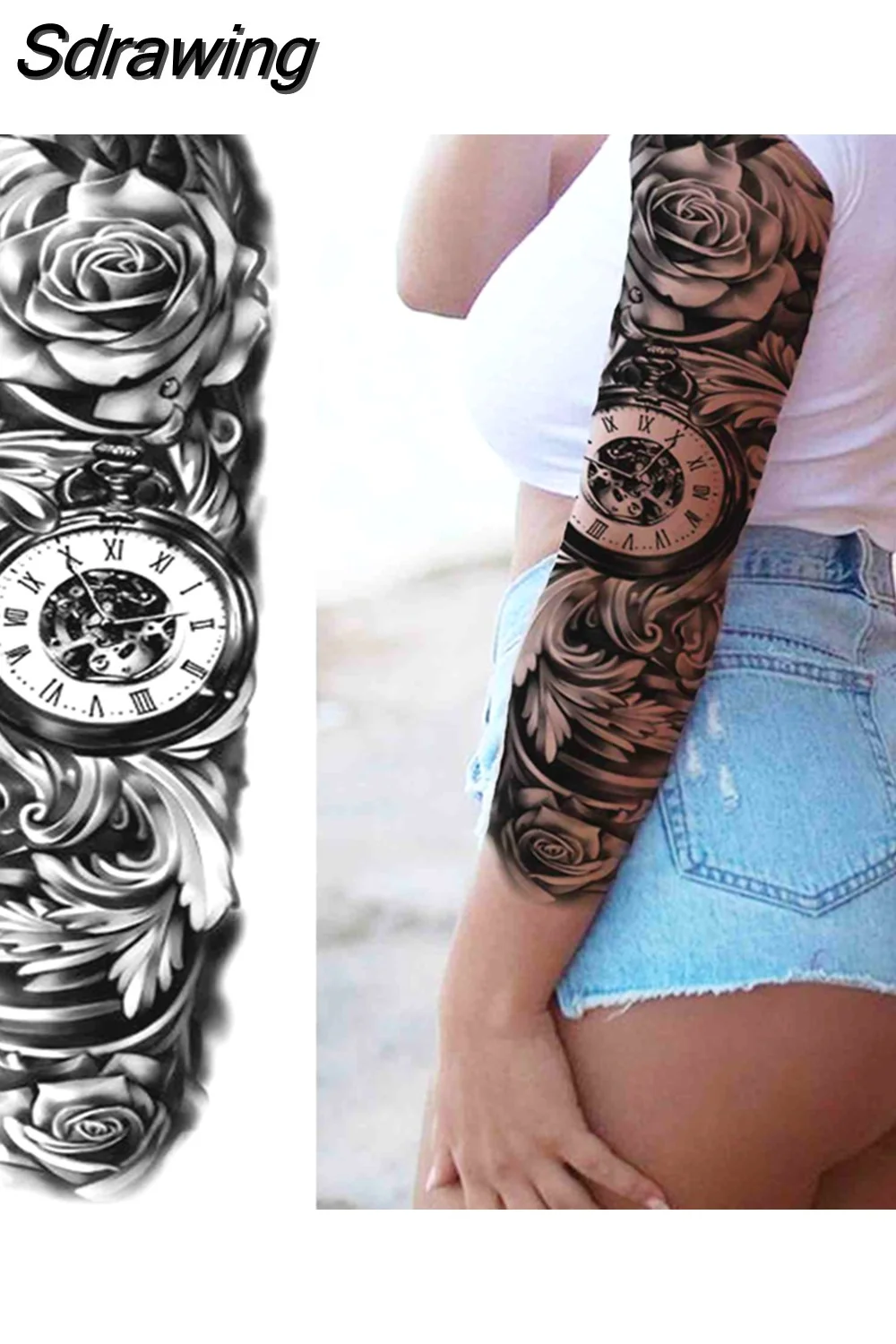 Sdrawing Arm Temporary Tattoos Sleeve For Men Women Realistic Fake Tatoos Warrior Lion Tiger Flower Tatoo Sticker Black Totem Maori 507-1