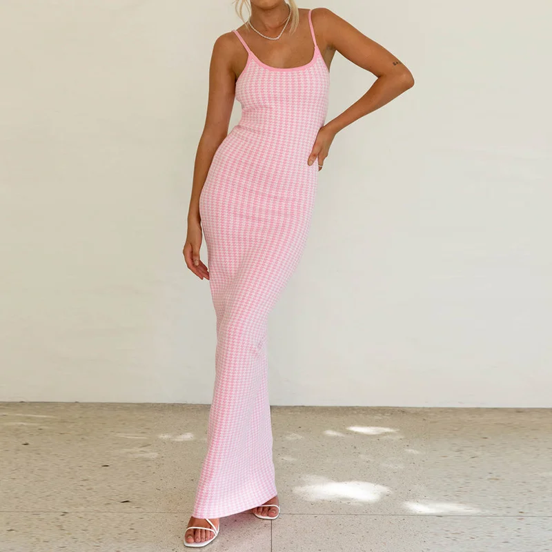 Zingj Zingj New French Retro Plaid Pink Sling Slim Knit Dress Women 2324