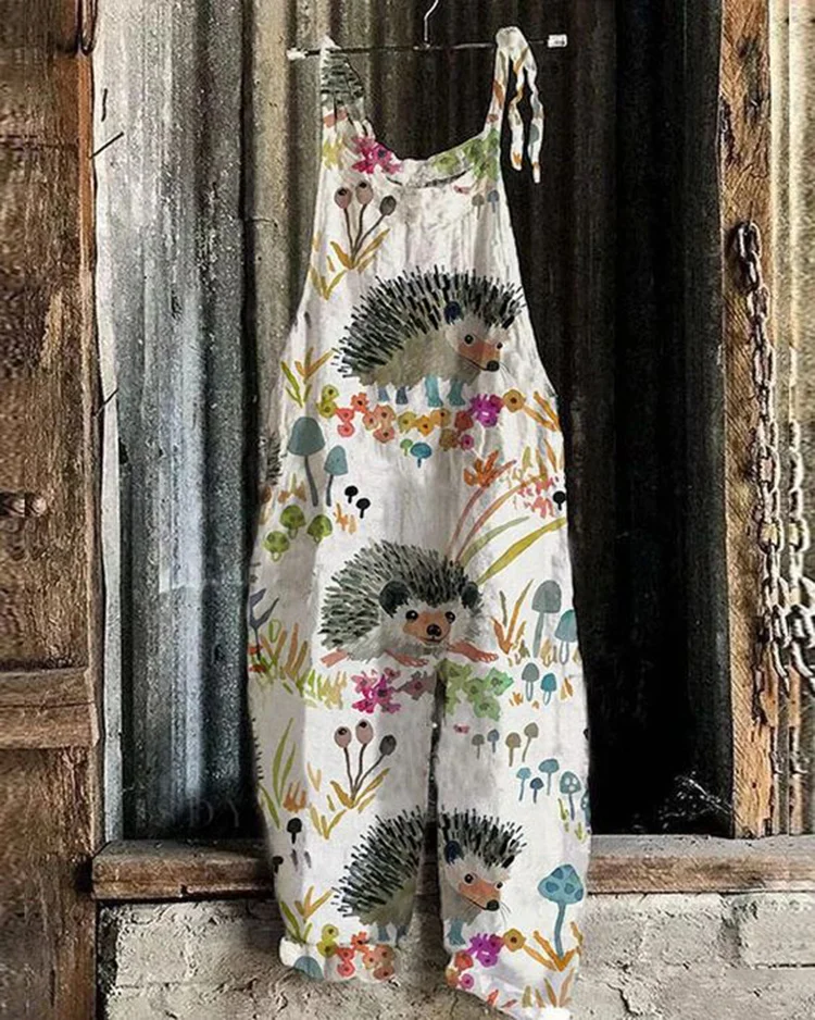 Women's Floral Hedgehog Print Loose Casual Jumpsuit-mysite