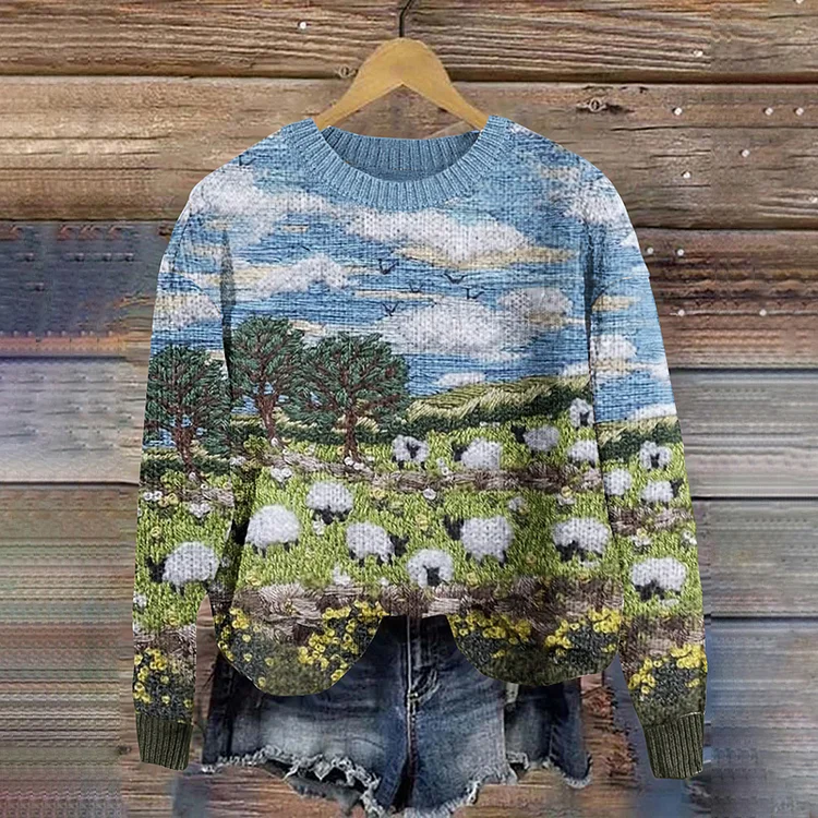 VChics Sheep Print Crew Neck Knitted Sweater
