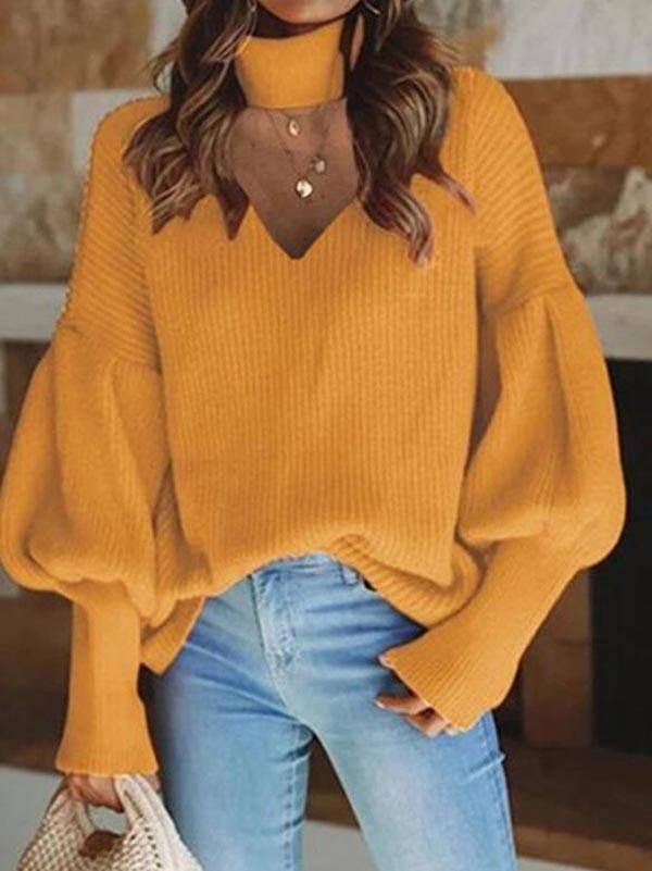Casual loose long-sleeved V-neck cutout sweater