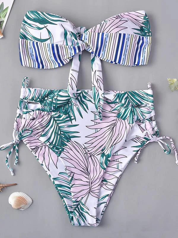 Floral-Print Knotted Bandeau Split Bikini Swimsuit