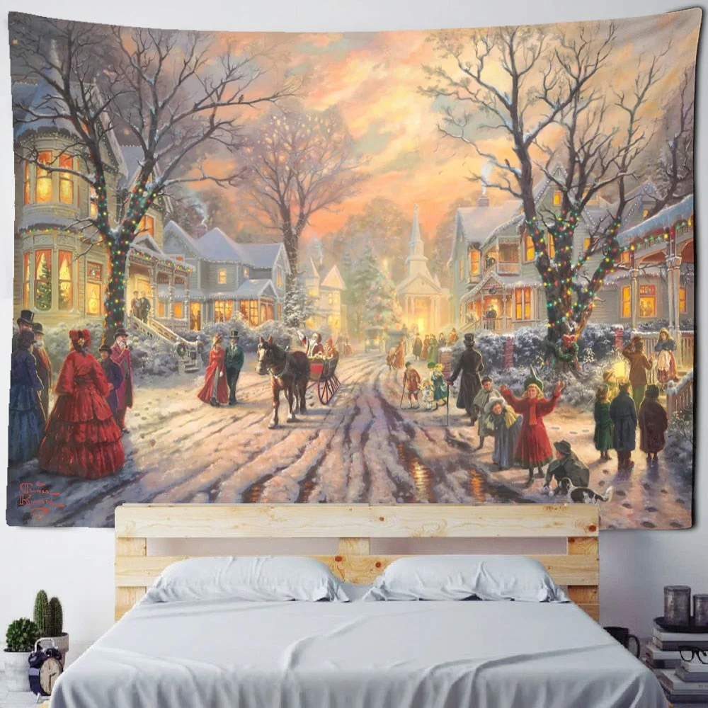 Christmas And New Year Dance Party Tapestry Wall Hanging Holiday Gift Snowman Oil Painting Art Room Home Decor