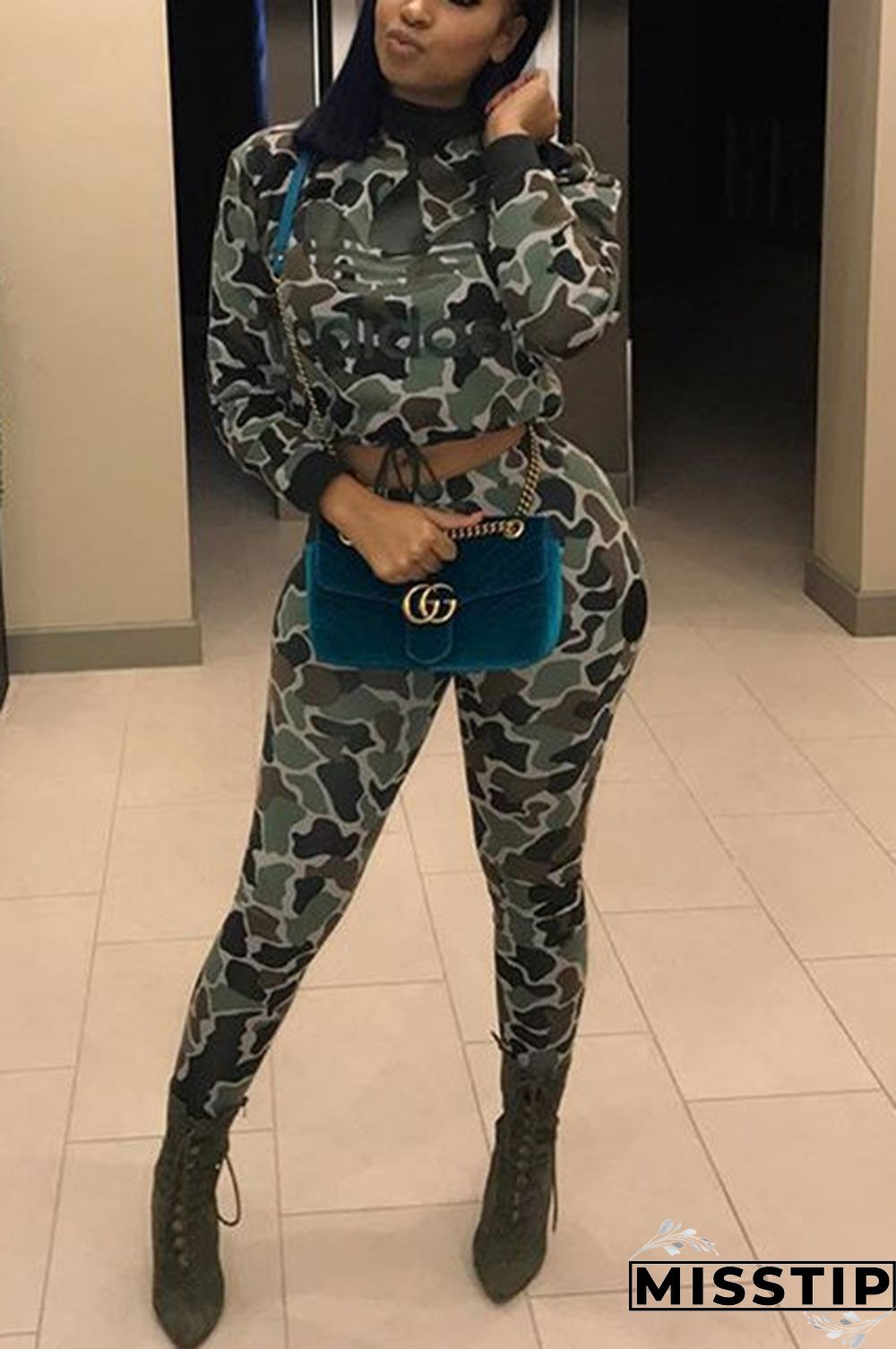 Light Green Fashion Camouflage Casual Two-Piece Set