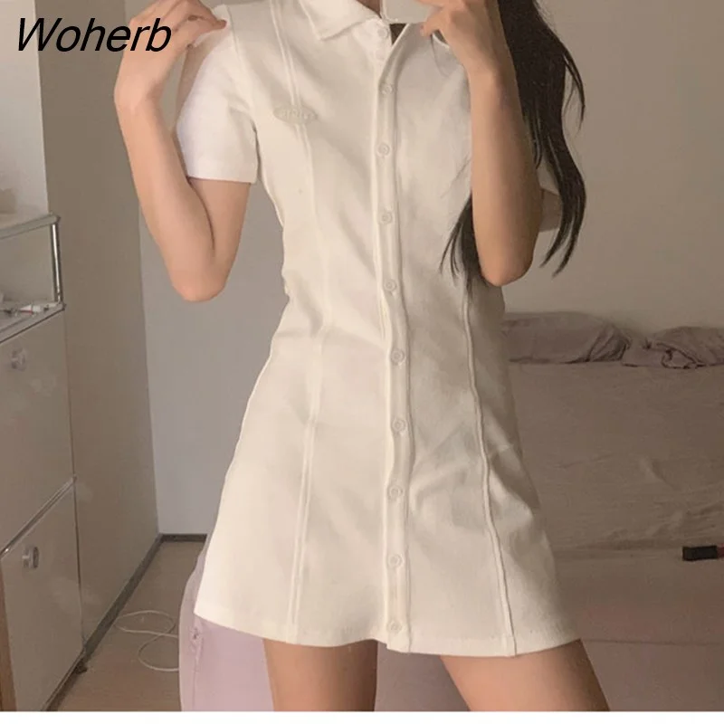 Woherb Sleeve Dress Women Solid Simple All-match Single Breasted Sexy Mini A-line Dresses Streetwear Korean Style Ins Chic Girls
