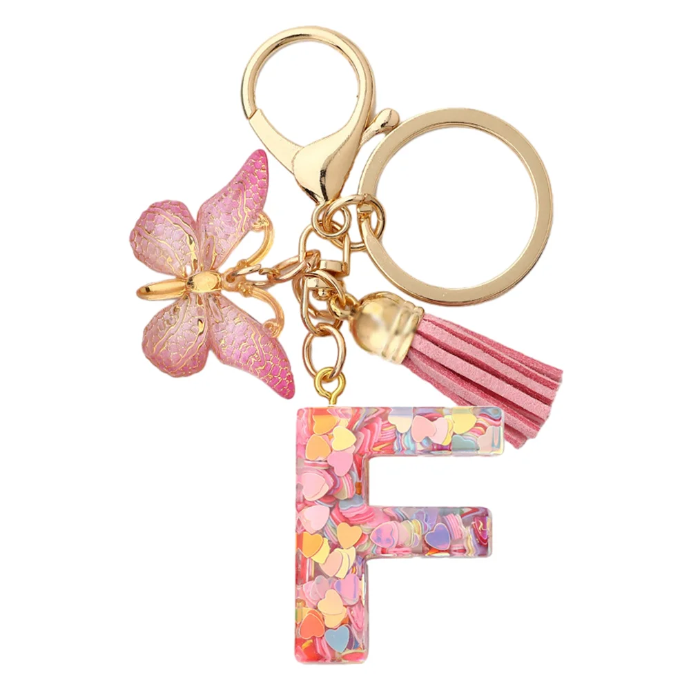 Resin Initial Letter Keychains Alphabet Letter Keychain Pink Tassel Butterfly Key Ring