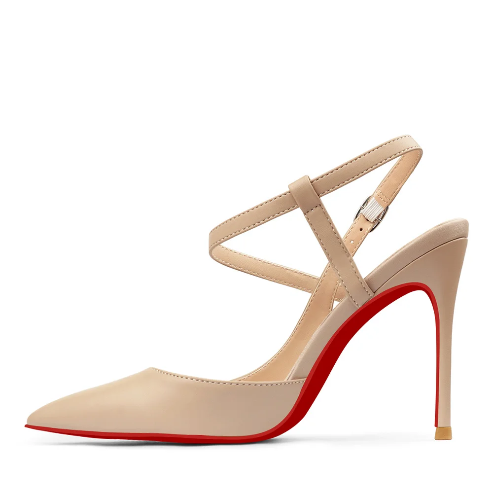 100mm Mid Heel Women Slingback Pumps Ankle Strap Jenlove Stiletto Close Pointed Toe Dress Red Bottoms Matte Glitter Shoes-MERUMOTE