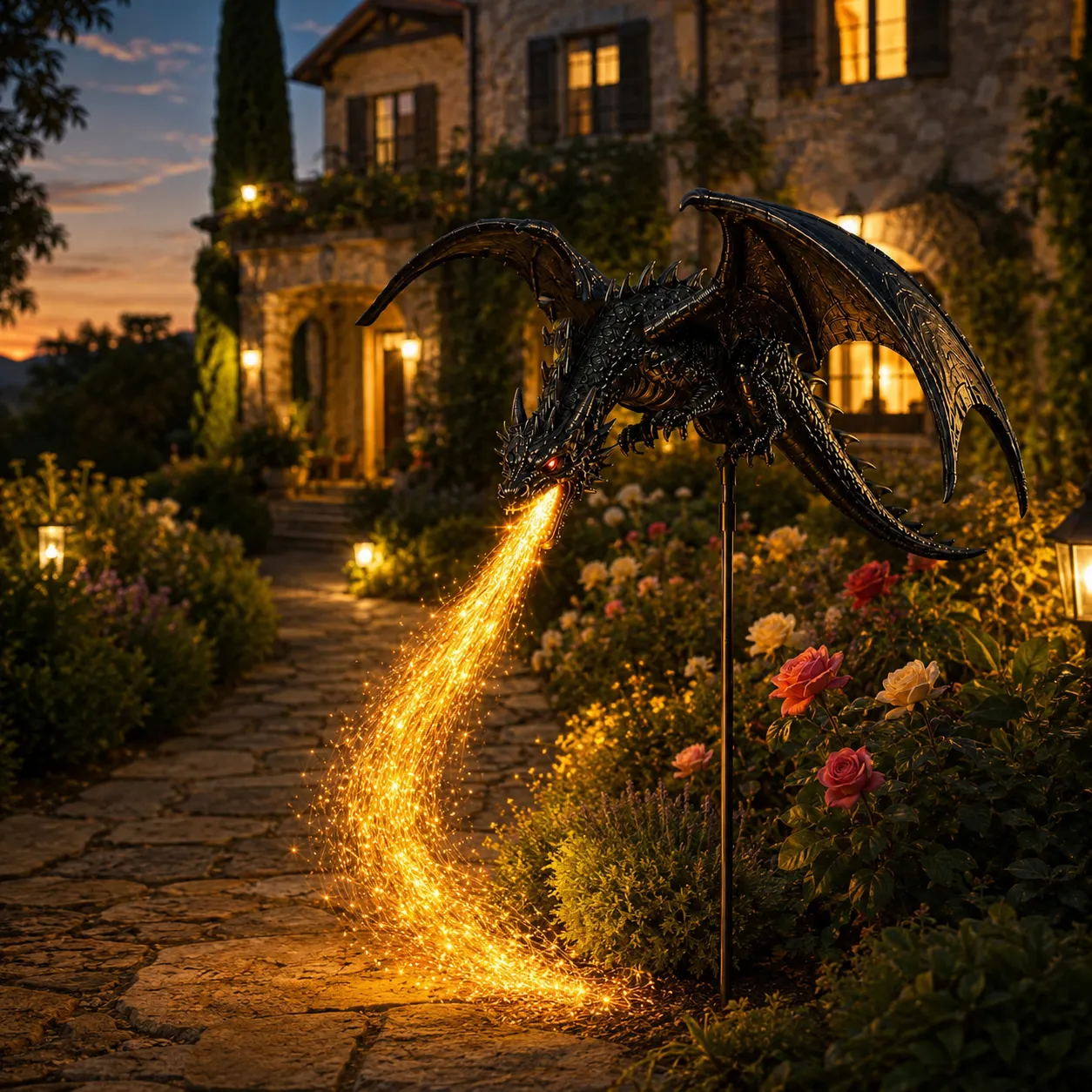 Solar dragon light beside a garden pathway