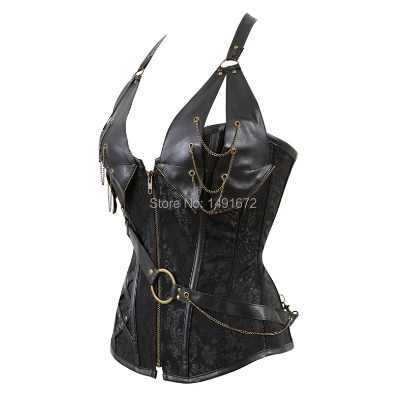 Billionm Sapubonva steampunk corsets and bustiers halter plus size corset pu leather gothic punk corset zip burlesque basque costume sexy