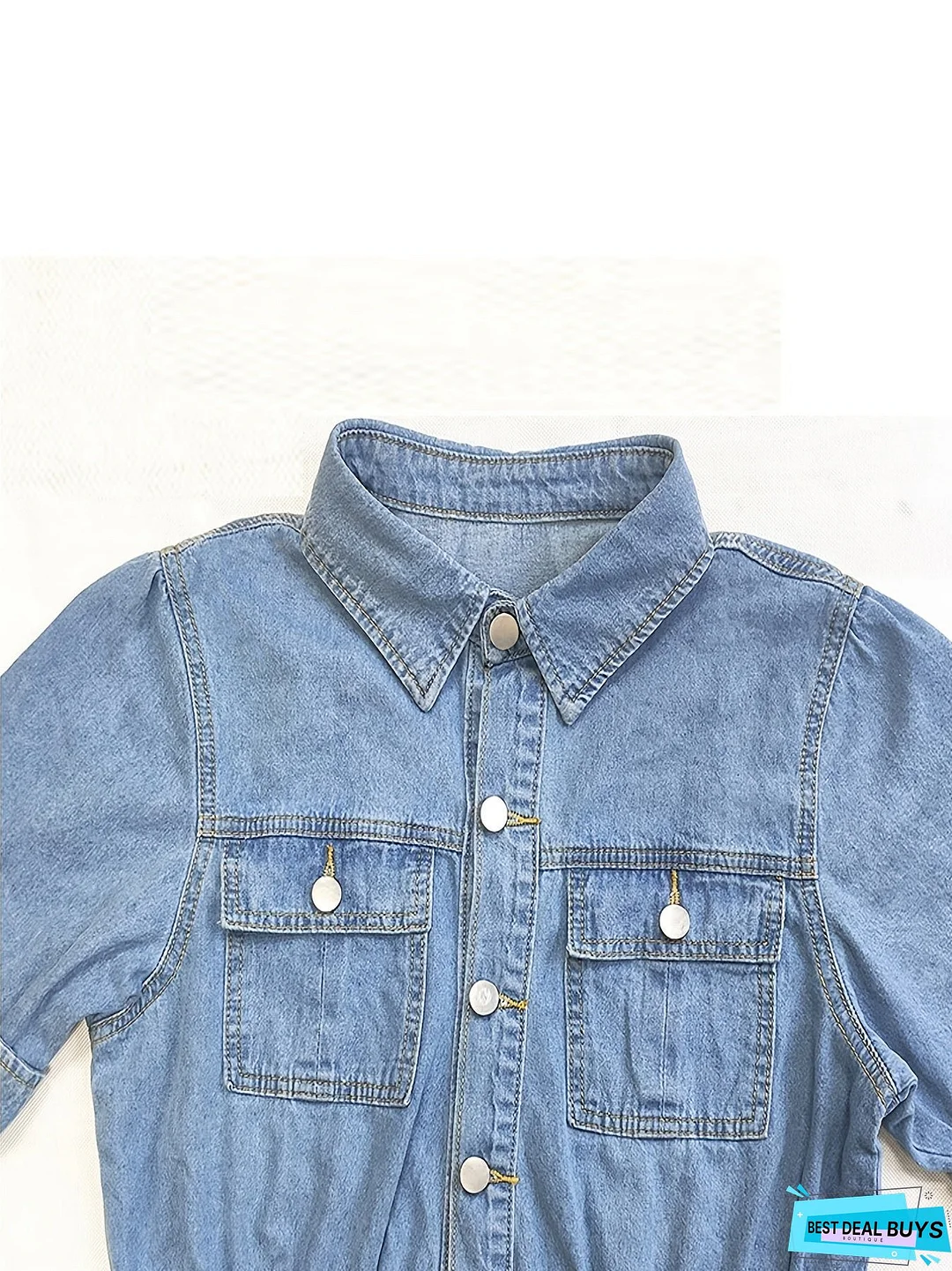 A-Line Flap Pockets Denim Dress, Rolled Sleeve Button Up V Neck Dress, Casual Lapel Denim Long Dress, Women's Denim Dress & Clothing