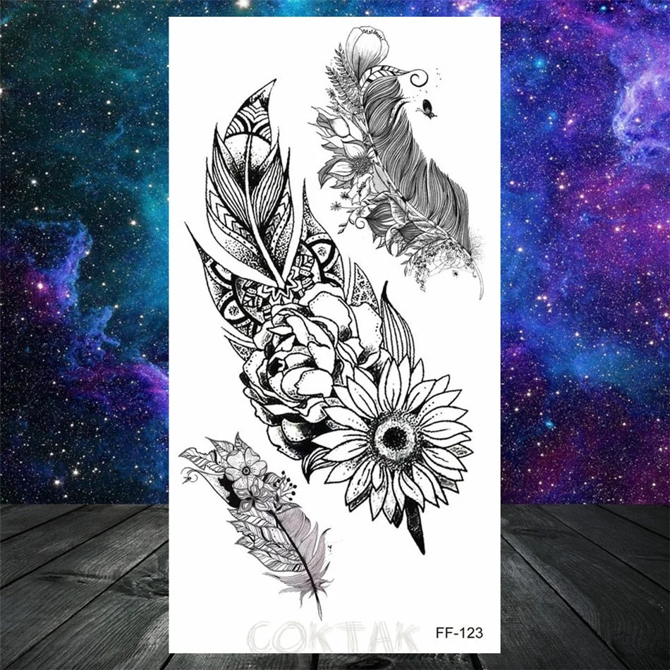 Owl Moth Jewelry Temporary Tattoo For Women Men Mandala Henna Flower Tattoo Mehndi Fake Pendants Geometric Tatoo Chest Back Lace