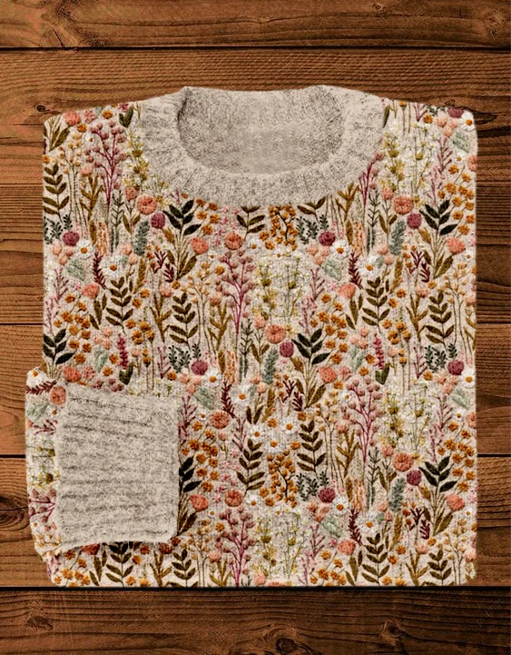 Wildflower Meadow Floral Embroidery Art Comfy Sweater