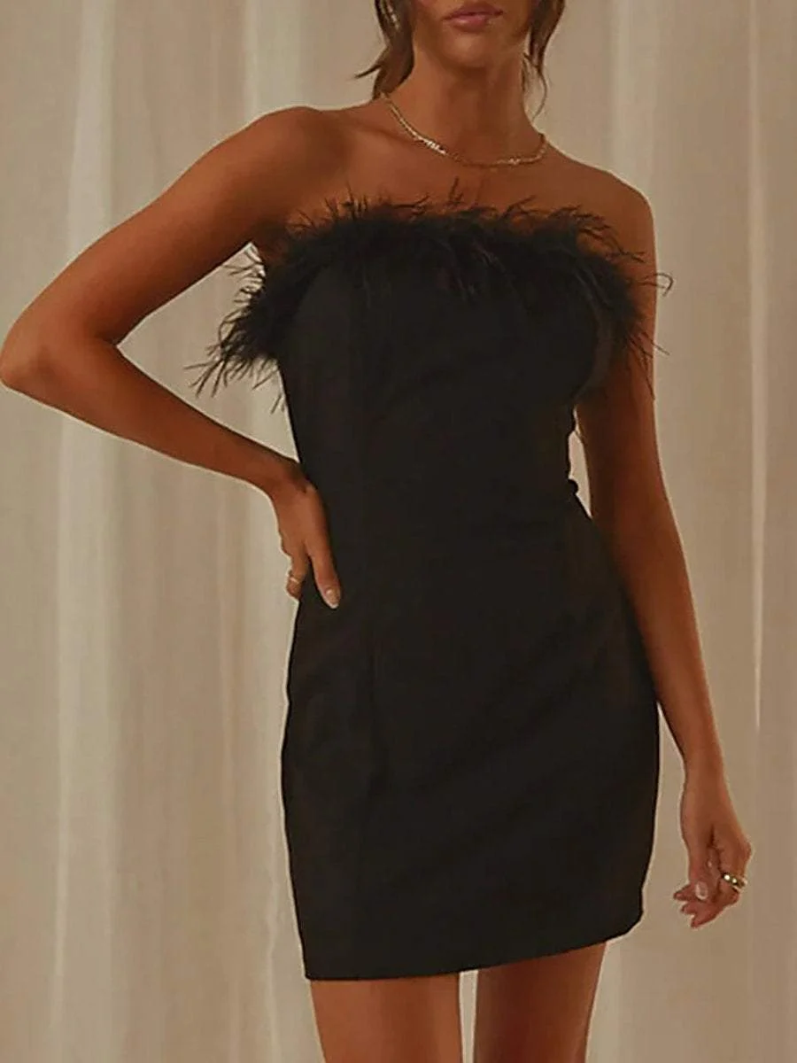 Strapless mini dress with feathers