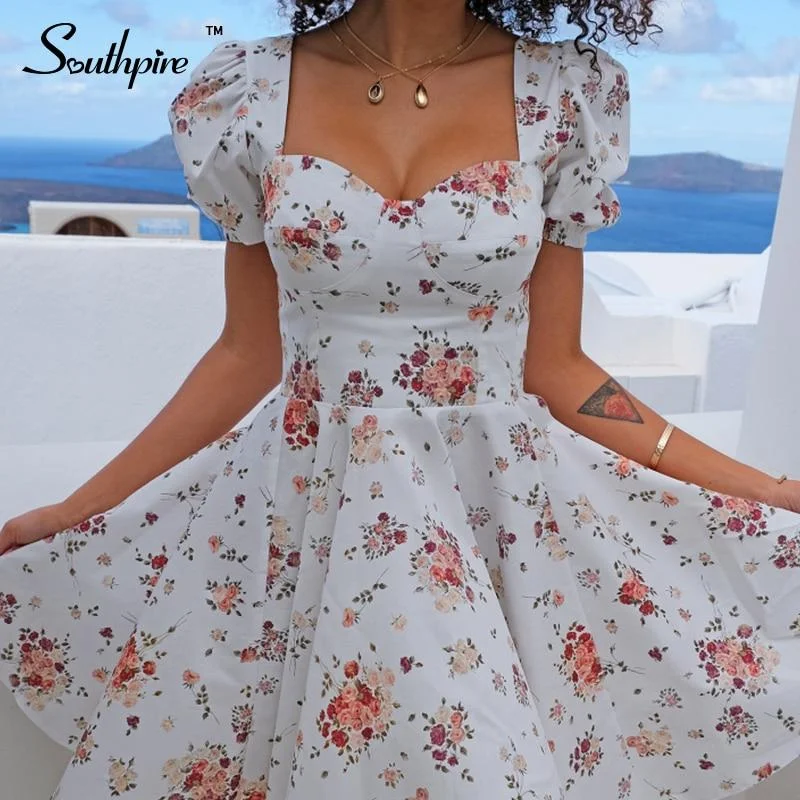Back To College Southpire Bohe Flower Print White Dress Women 's Short Puff Sleeve Zipper Mini Sundress Elegant Summer Dress Ladies Clothing