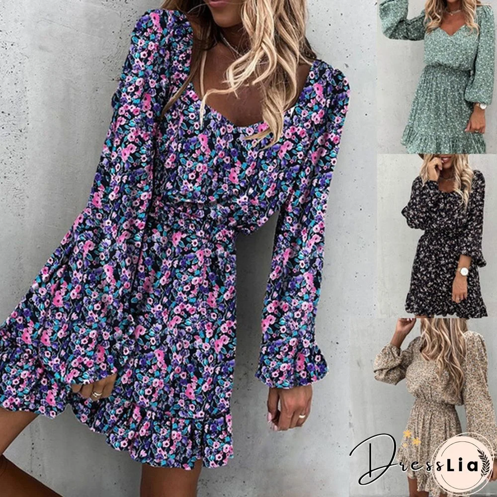 Women Fashion Floral Print Long Sleeved Mini Dress Autumn Vintage Dresses Collect Waist Vestidos