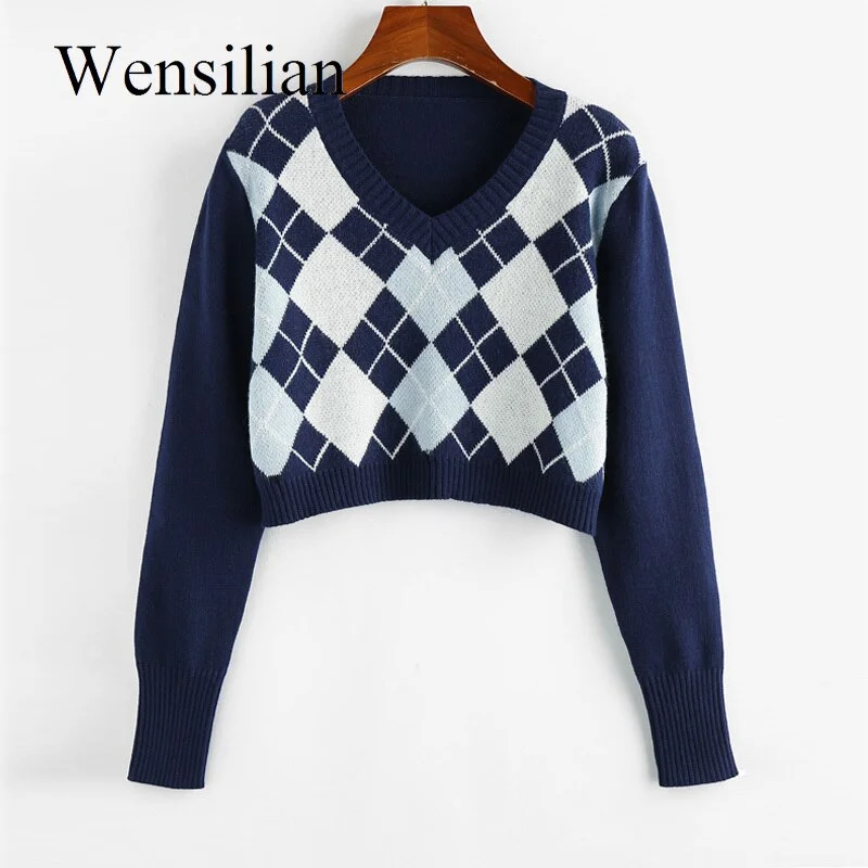Cropped Argyle Sweater Women V Neck Long Sleeve Pullover Elegant Knit Sweater Top 2021 Fashion Za Style Autumn Jersey Mujer