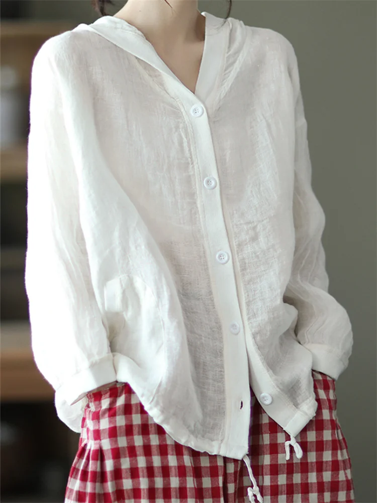 Button Down Comfy Woven Hooded Blouse