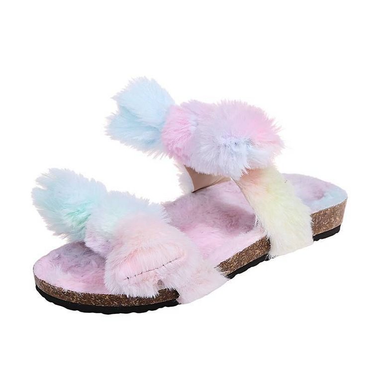 Women Puffy Soft Fur Bowknot  Multicolor Leopard Open Toe Footbed Sandals Slippers