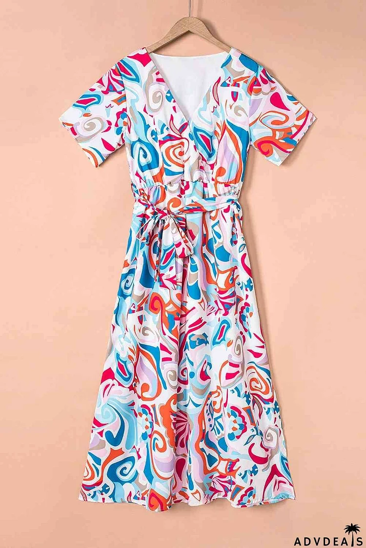 Printed Short Sleeve Tie Waist Dress