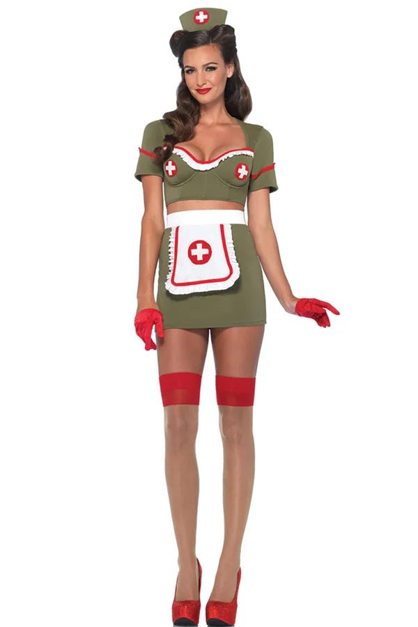 Sexy Retro Military Army Nurse Halloween Costume Olive-elleschic