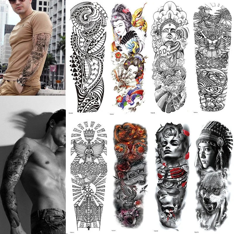 FULL SLEEVE ARM TEMPORARY TATTOO, ORIENTAL DRAGON, LOTUS FLOWERS, MENS, WOMENS