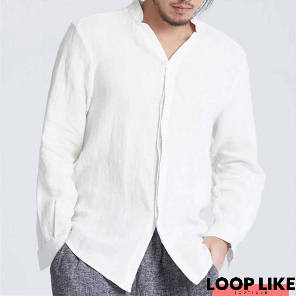 V Neck Solid Color Covered Button Loose Fit Long Sleeve Retro Shirts