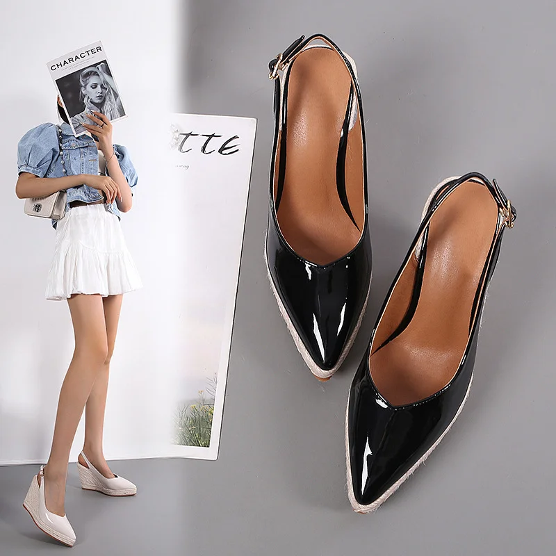 Wongn Wongn Wedge Heel Thick Bottom High Heel Pointed Women's Shoes Back Empty Head Drag Fashion Patent Leather Large Size