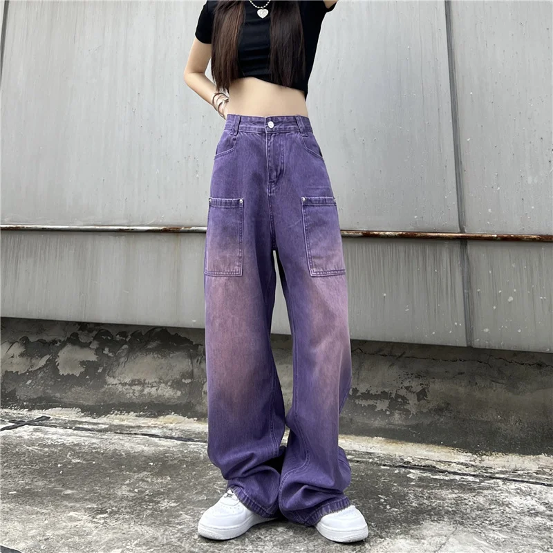 Churchf Churchf Jeans Female Grinding White Gradient Design Sense Straight Leg Pants Large Size Loose High Waist Show Thin Wide Leg Pants Generation Hair