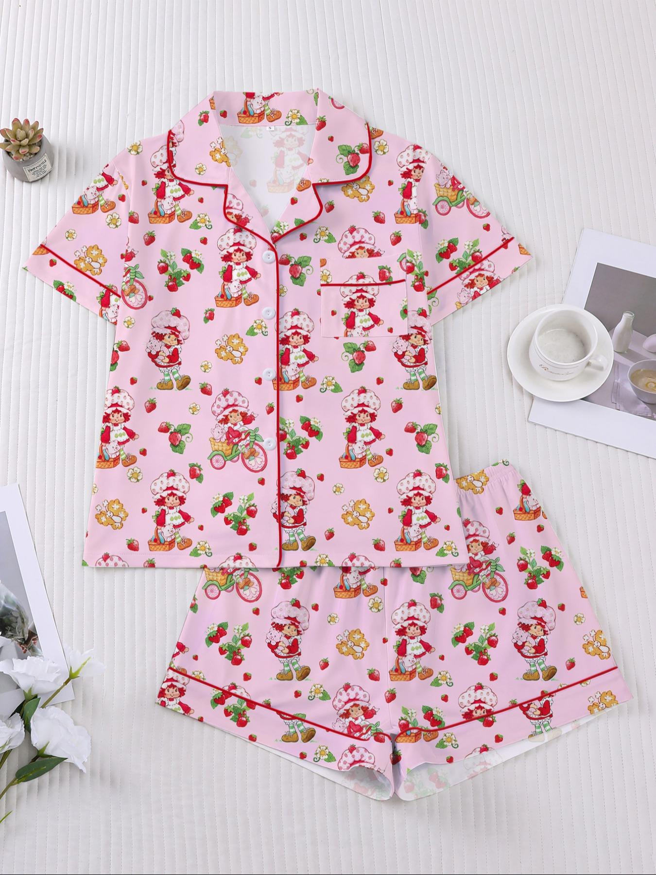 Women's Strawberry Cartoon Print Sleepwear Loungewear Set, Short Sleeve Button-Up Top & Elastic Shorts, Casual Home Wear for Daily Use