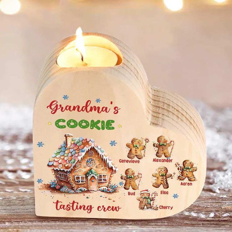 7 Names-Custom Christmas Wooden Candlestick-Personalized Names Cookie Heart Candle Holder Christmas Gift for Family