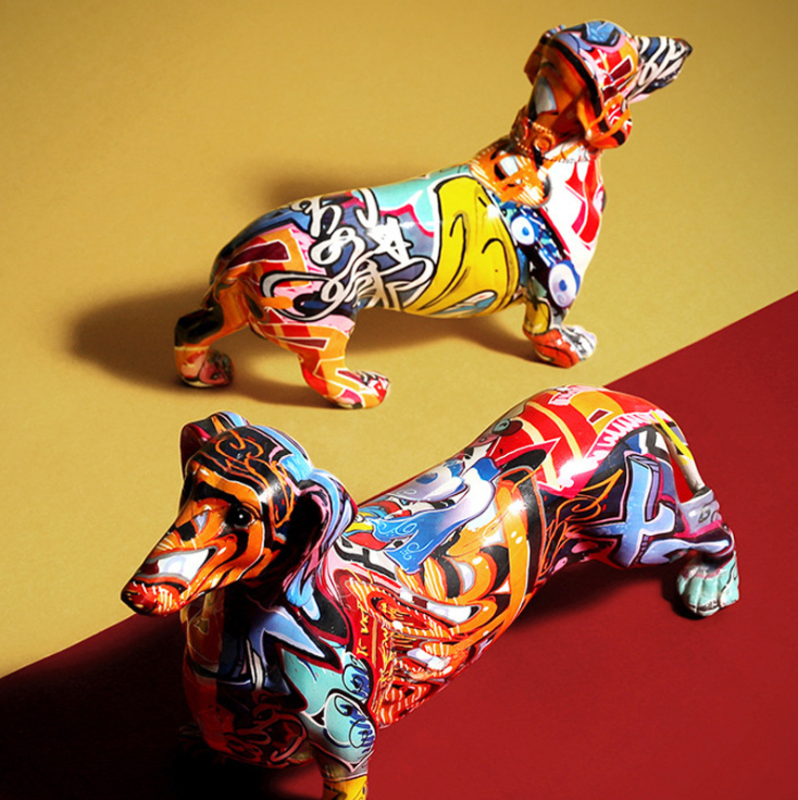3D Resin Craft Dazzling Color Dachshund Statue Home Desktop Ornaments