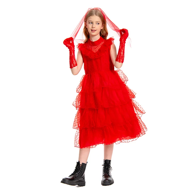 Kids Beetlejuice 2 (2024) Lydia Red Wedding Dress Cosplay Costume Outfits Halloween Carnival Suit