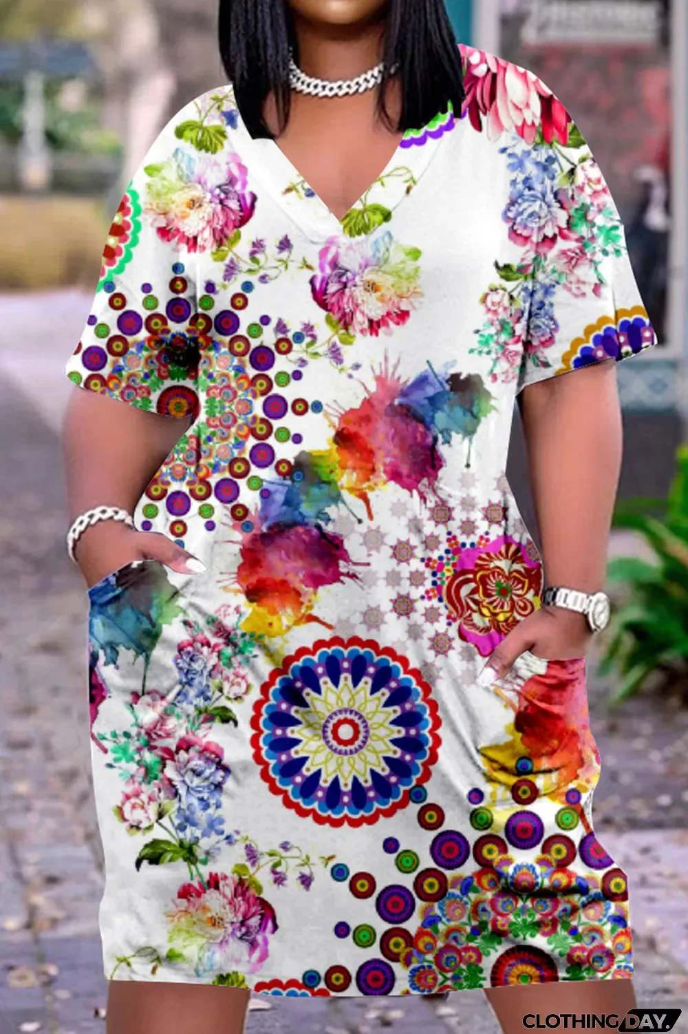 Navy Blue Fashion Casual Print Basic V Neck Short Sleeve Dress