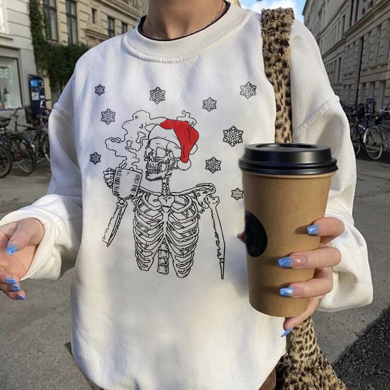   Christmas Hat Skeleton Drinking Coffee Print Women's Pullover Sweatshirt - Neojana