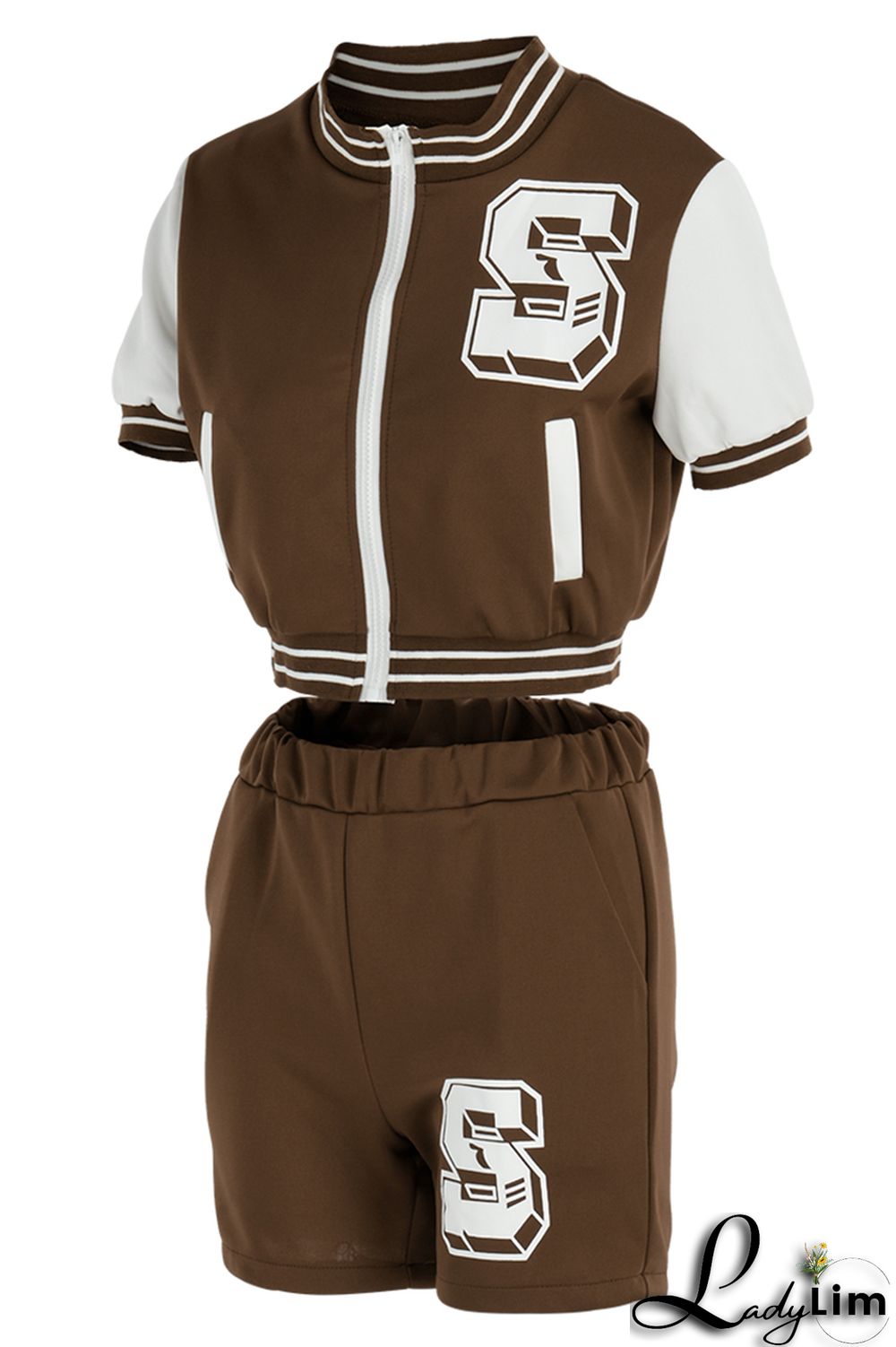 Black Fashion Casual Letter Print Patchwork Zipper Collar Short Sleeve Two Pieces