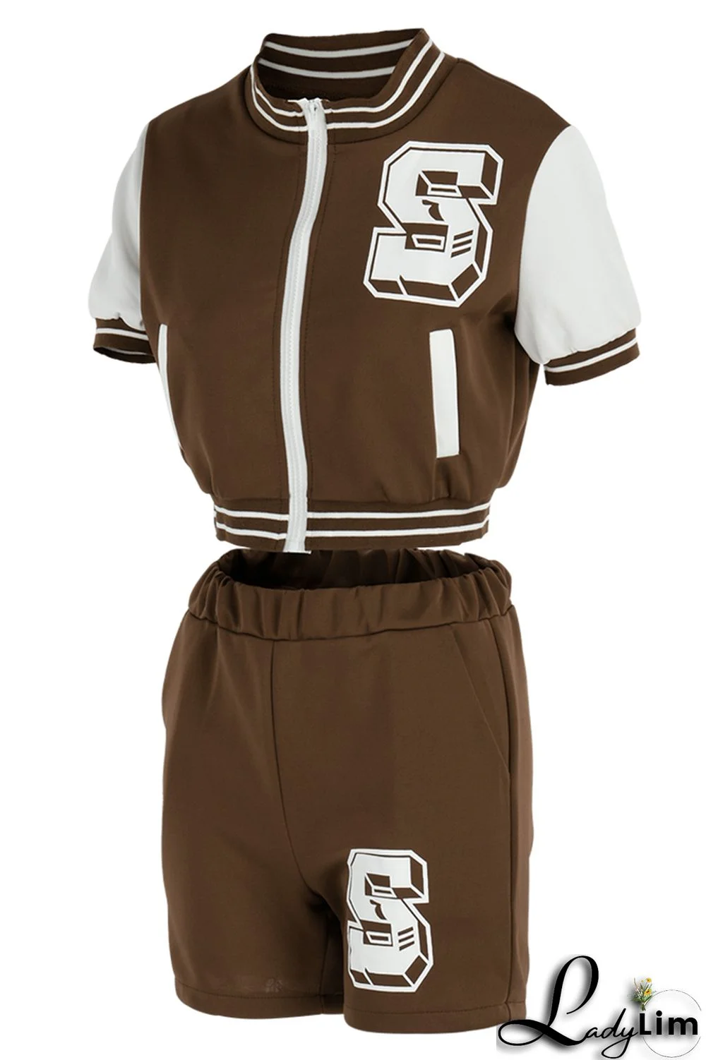 Black Fashion Casual Letter Print Patchwork Zipper Collar Short Sleeve Two Pieces