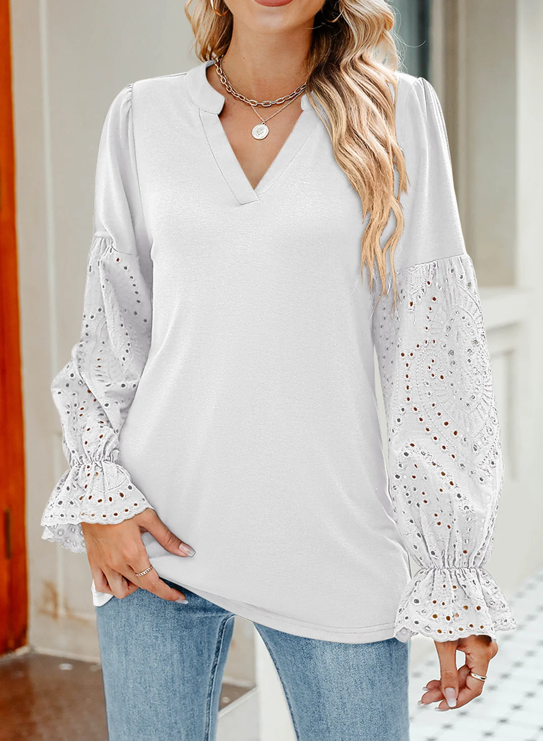 MIHOLL Women V Neck Long Sleeve Shirt Lace Crochet Loose Casual Top Blouse