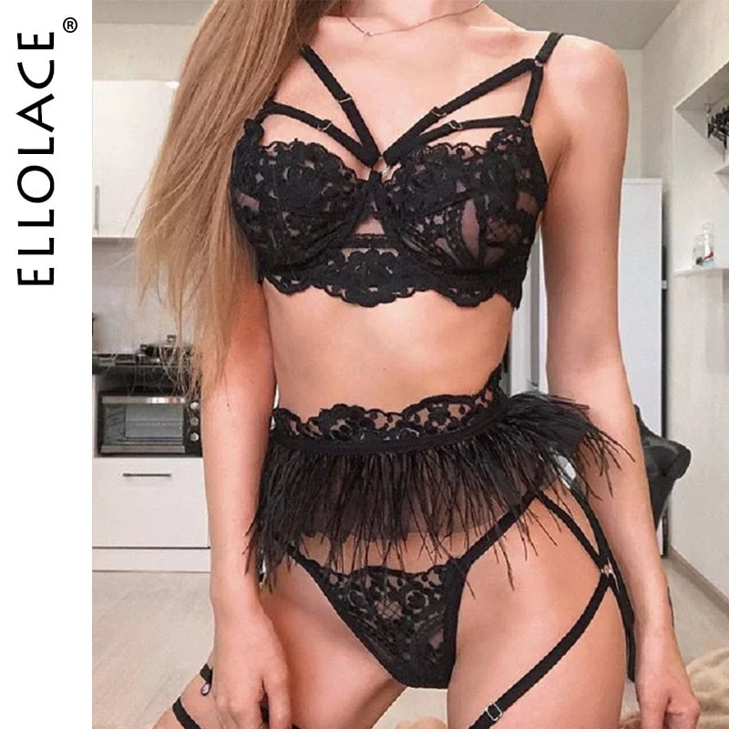 Ellolace Lace Embroidery Lingerie Set Feather Bra and Party Set Sexy Women's Underwear Bra See Through 3 Piece Bra Set String